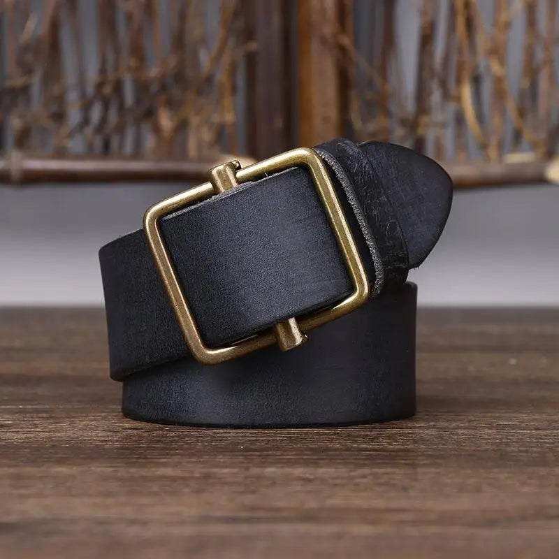 Strumiana Leather Belt with Brass Square Buckle showing black leather and brass buckle