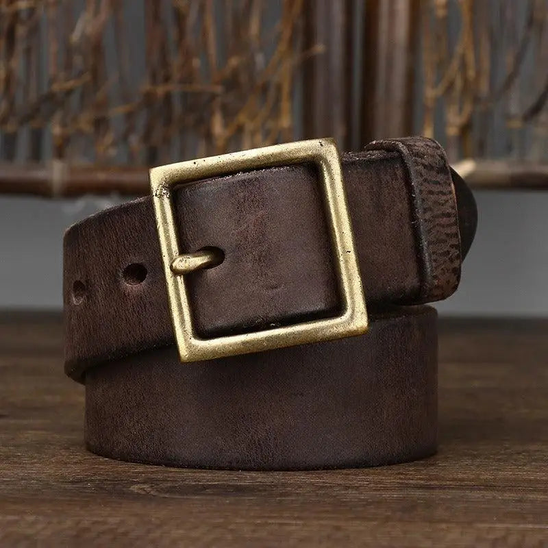 Set of two brown leather belts with brass buckles for men and women