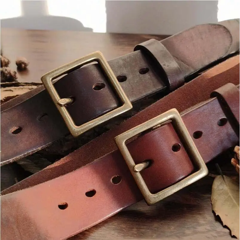 Set of two brown leather belts with square brass buckles for stylish accessories
