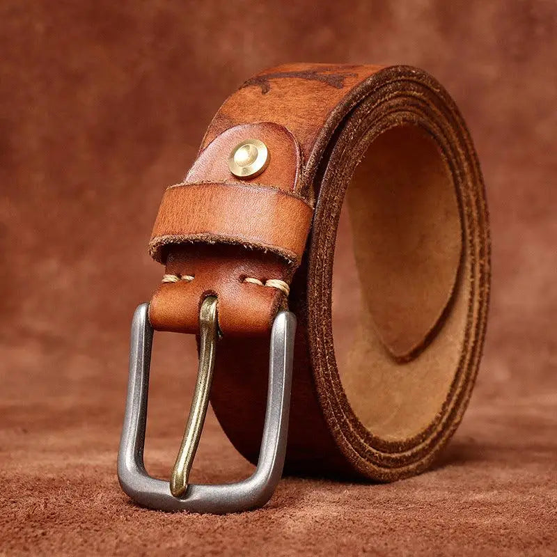 Vikram Leather Belt Collection featuring a rolled brown leather belt with silver buckle