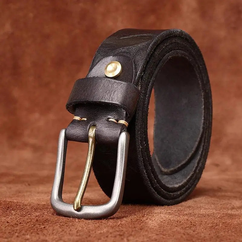 Vikram Leather Belt collection featuring a rolled black leather belt with silver buckle