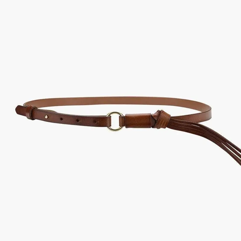 Vagi Leather Belt Collection with Tassels in Various Colors featuring a brown leather belt with tassel