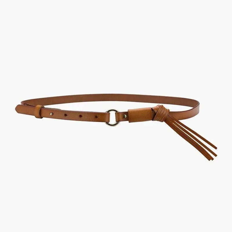 Vagi Leather Belt Collection with Tassels featuring a brown leather belt with tassel design