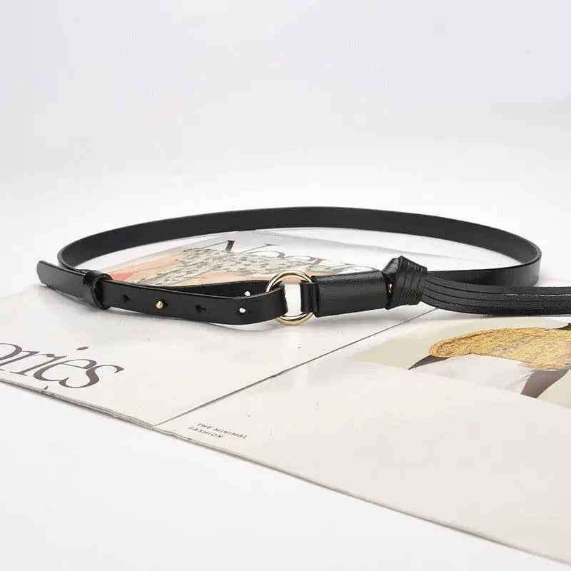 Black leather belt with gold ring from Vagi Leather Belt Collection with Tassels