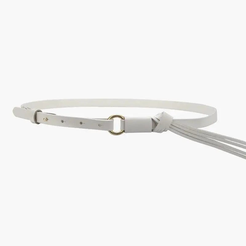 White leather belt with gold ring from the Vagi Leather Belt Collection with Tassels