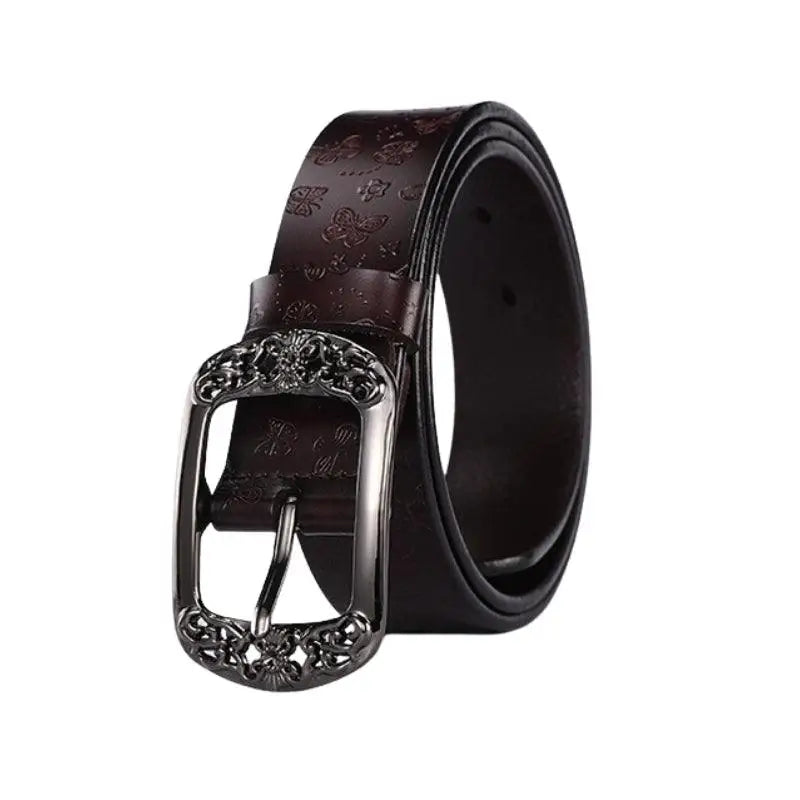 Embossed brown leather belt with ornate metal buckle from Ornate Buckle Belts collection
