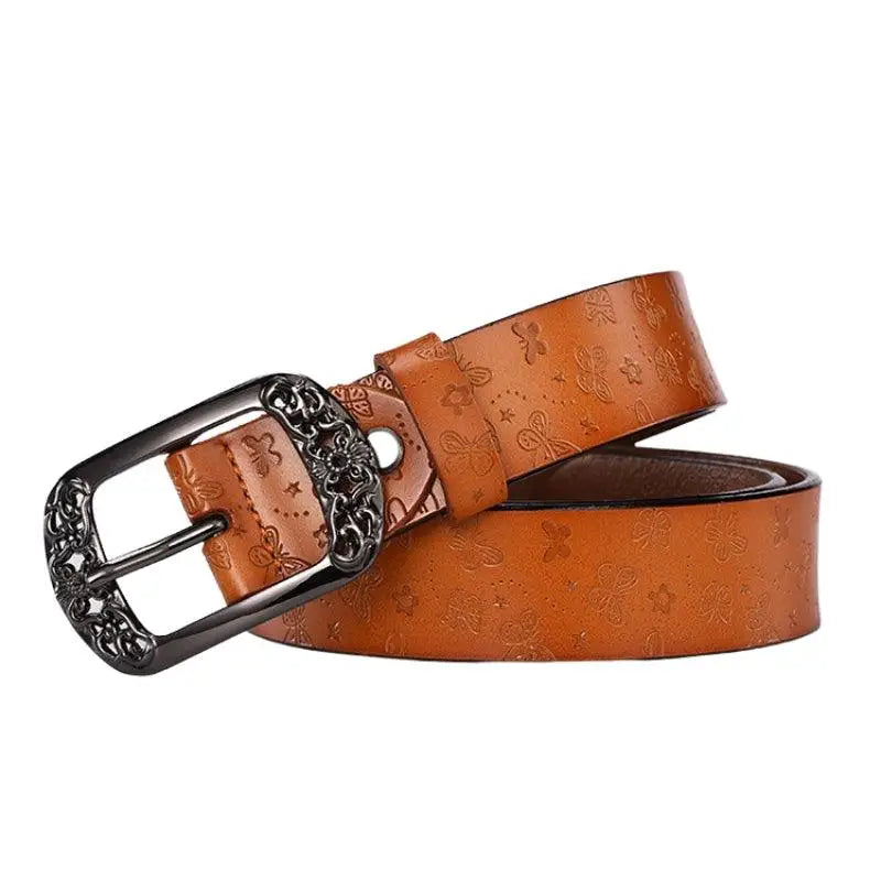 Brown leather belt with decorative buckle from Ornate Buckle Belts collection