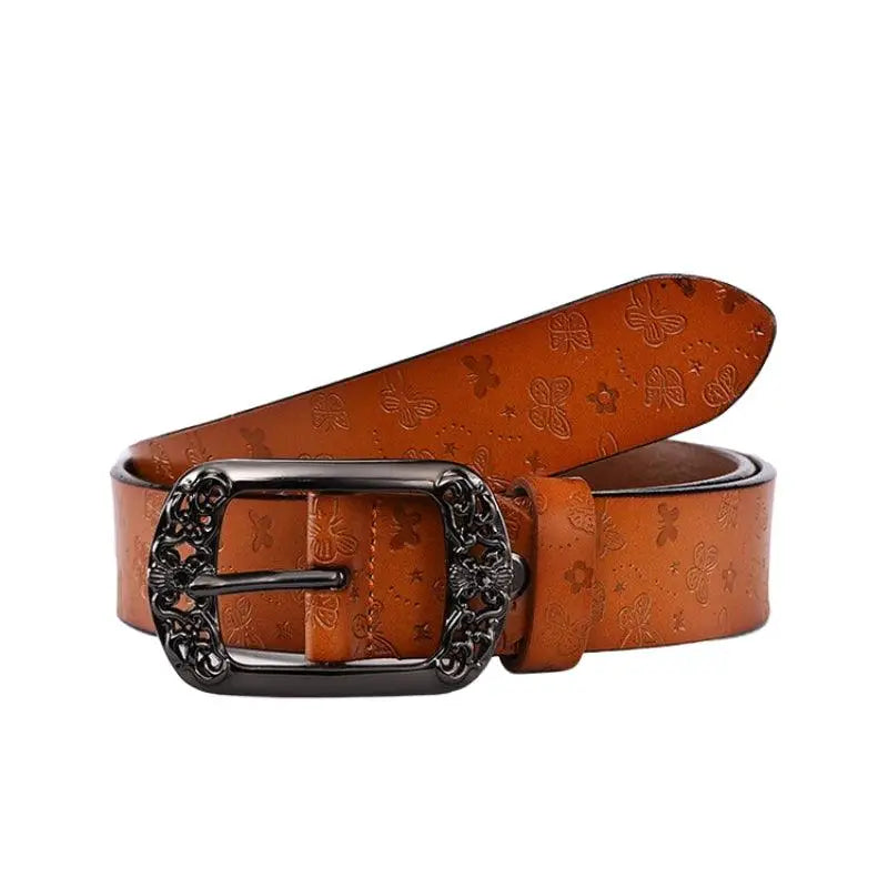 Brown leather belt with ornate buckle from Ornate Buckle Belts collection