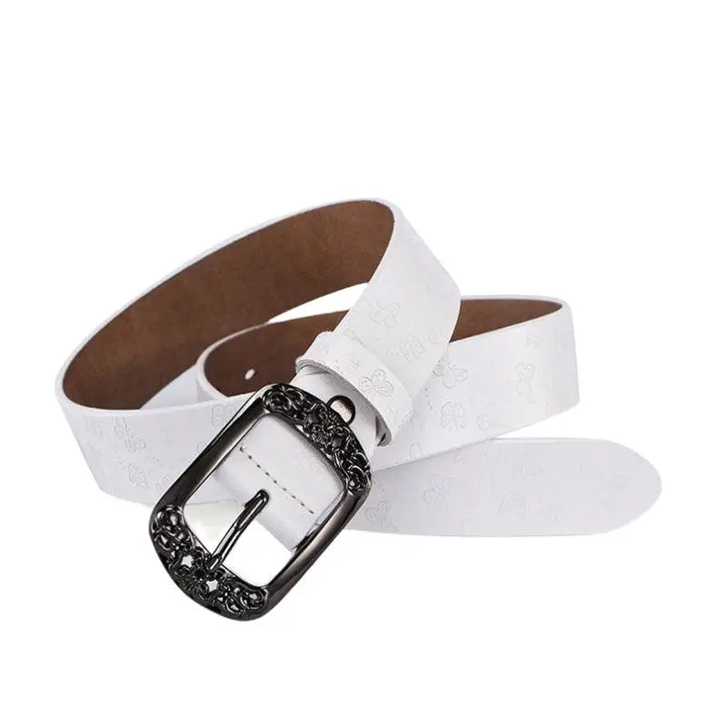 White leather belt with an ornate buckle from Ornate Buckle Belts Collection