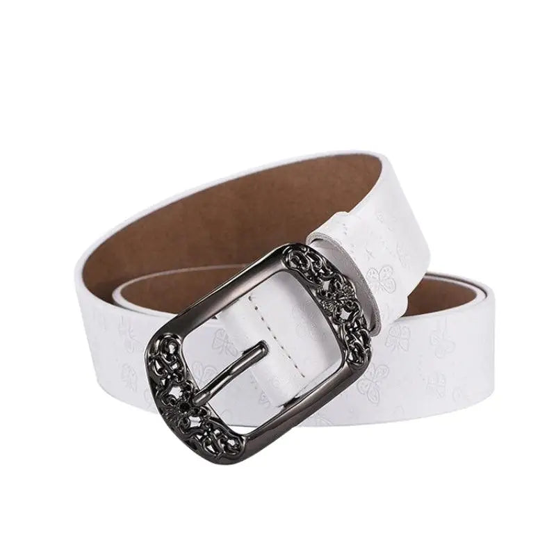 White leather belt with an ornate buckle from Ornate Buckle Belts collection
