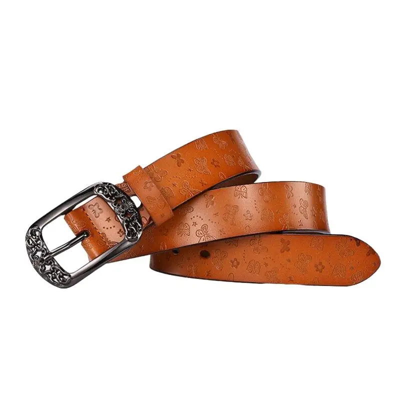 Embossed brown leather belt with ornate silver buckle from Ornate Buckle Belts collection