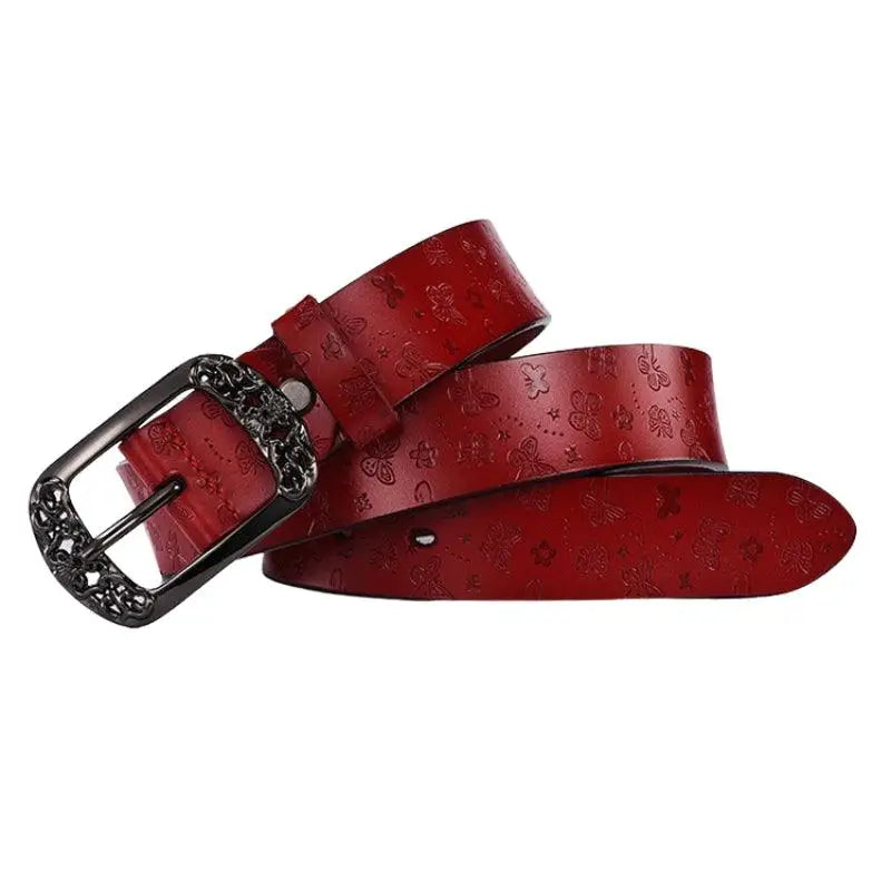 Red leather belt with decorative buckle from Ornate Buckle Belts collection