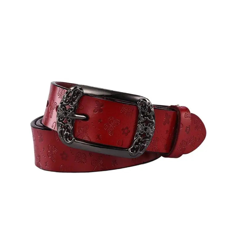 Red leather belt with an ornate buckle from Ornate Buckle Belts collection