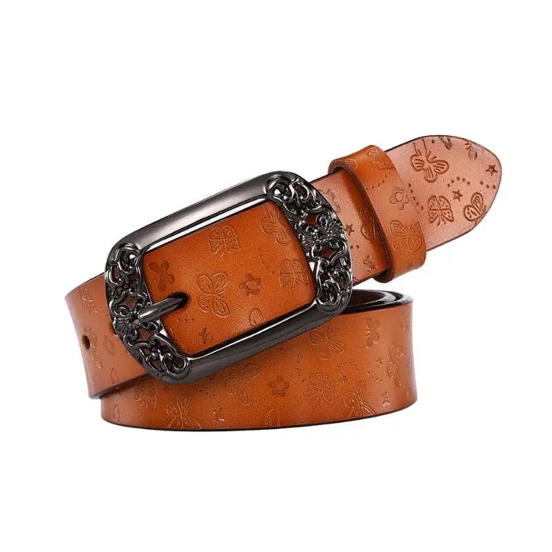 Brown leather belt with decorative buckle from Ornate Buckle Belts collection