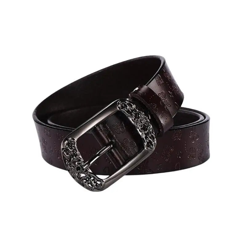 Brown leather belt with ornate buckle from Ornate Buckle Belts in White Black and Red Leather Options