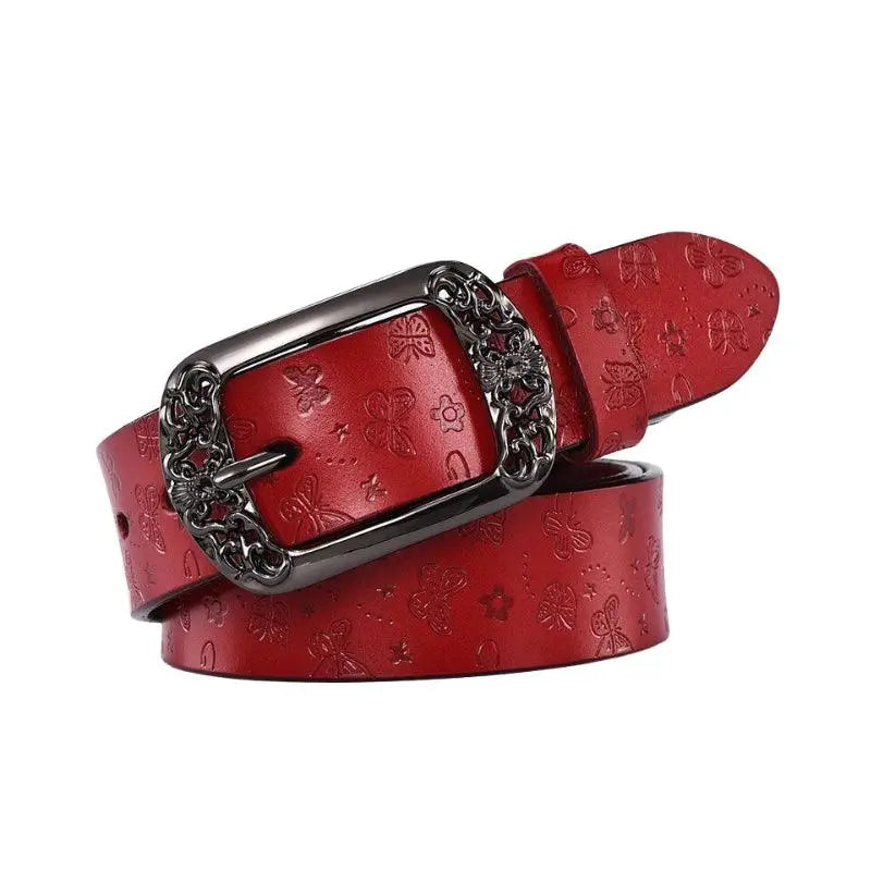 Red leather belt with decorative buckle from Ornate Buckle Belts collection