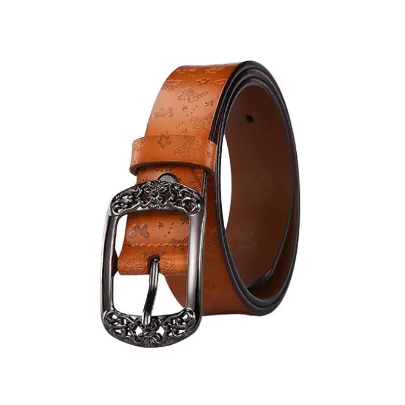 Brown leather belt with ornate buckle from Ornate Buckle Belts collection in various colors