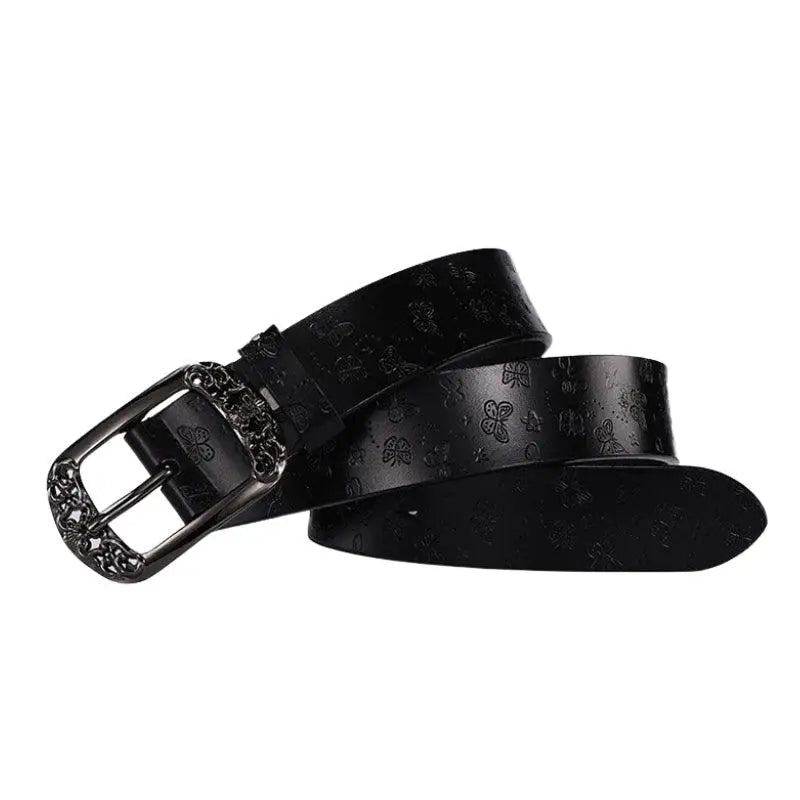 Black leather belt with ornate buckle featured in Ornate Buckle Belts collection