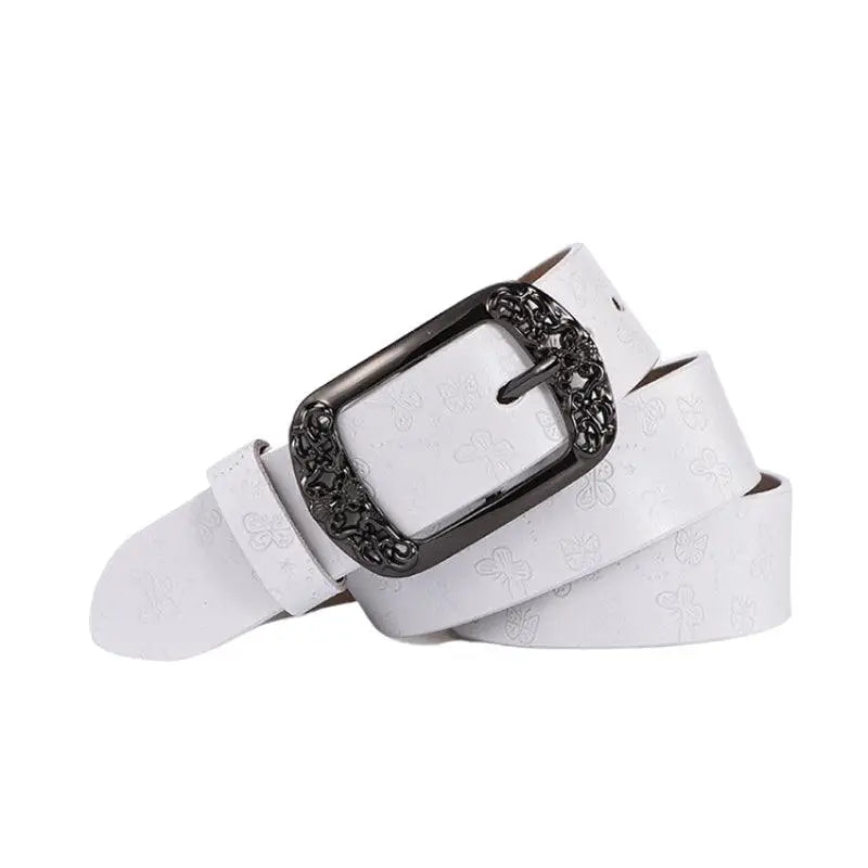 White leather belt with an ornate buckle from Ornate Buckle Belts collection