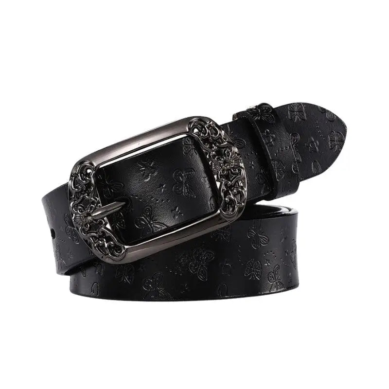 Black leather belt with ornate buckle from Ornate Buckle Belts collection in White Black and Red options