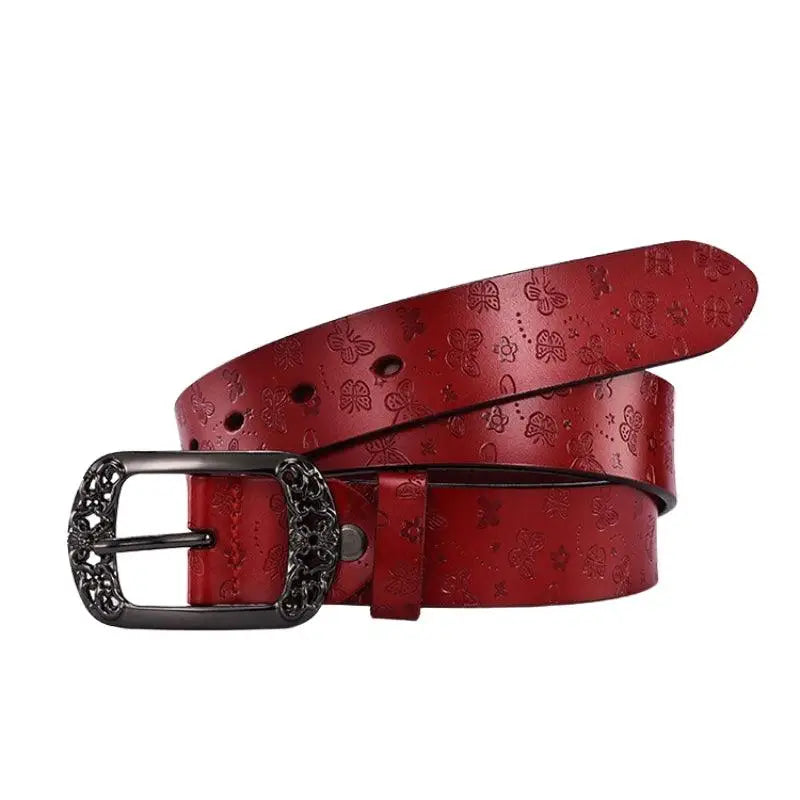 Red leather belt with butterfly pattern and ornate buckle from Ornate Buckle Belts collection