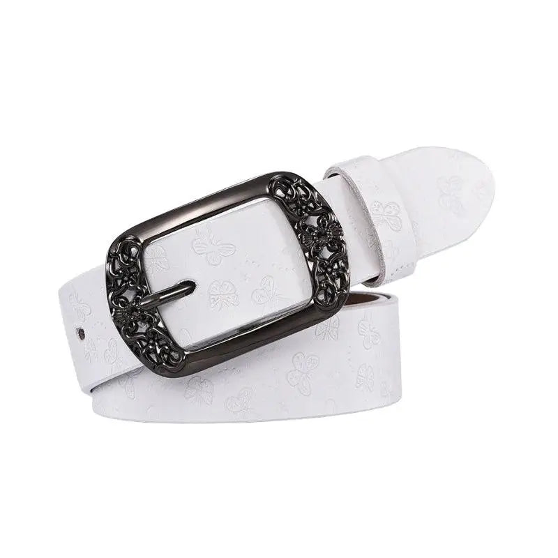 White leather belt with ornate buckle from Ornate Buckle Belts collection