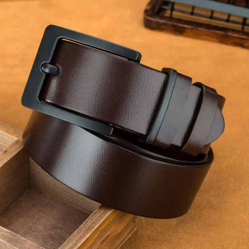 Brown leather belt with matte black buckle for elegant style and durability