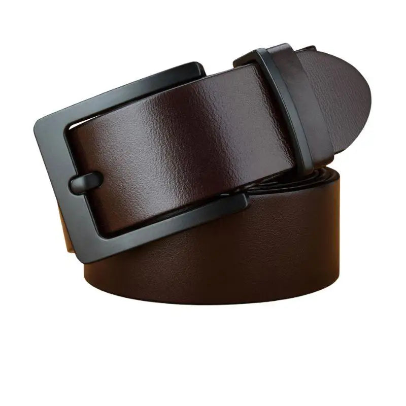 Brown leather belt with matte black buckle for elegant style and versatile wear