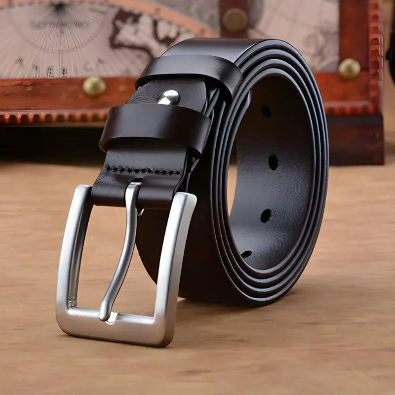 Ceinture en cuir plein fleur homme modèle Orenzio avec boucle argentée, cuir plein pour homme