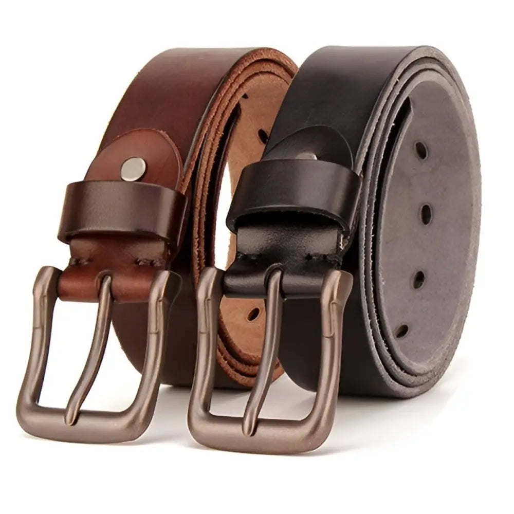 Pair of brown leather belts with metal buckles for stylish accessory organization