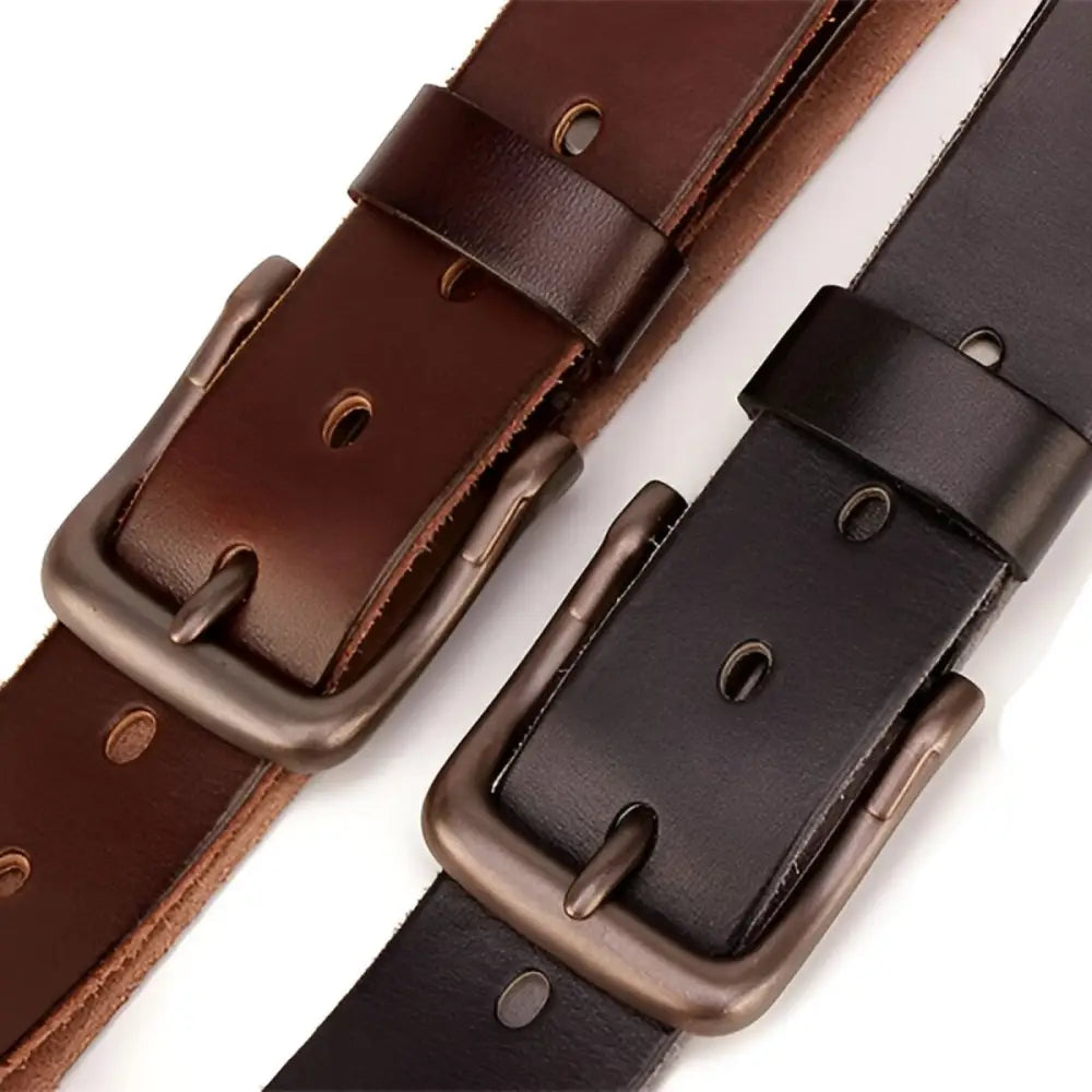 Pair of brown leather belts with metal buckles, perfect for stylish accessories