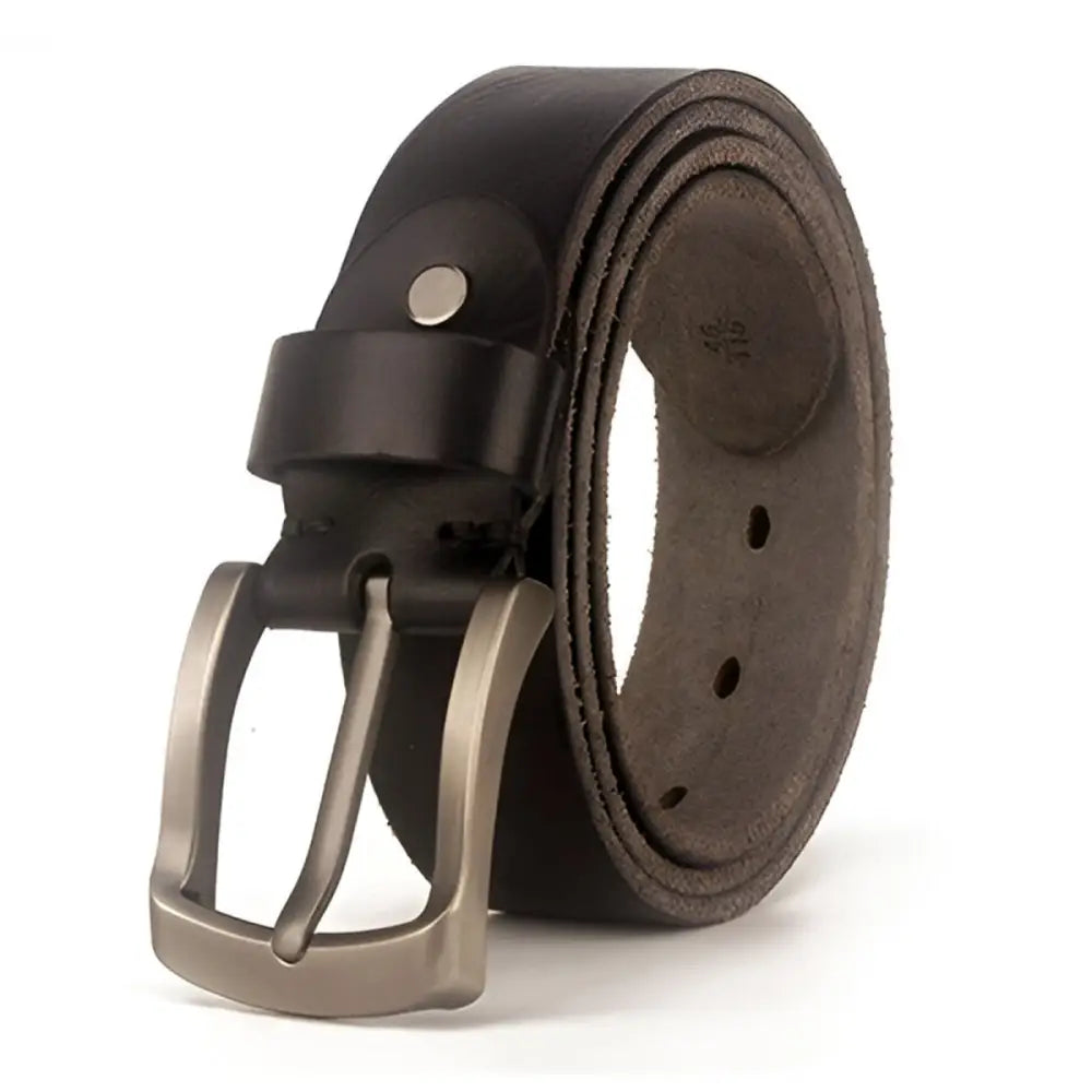 Black full-grain leather belt with metal buckle for men and women