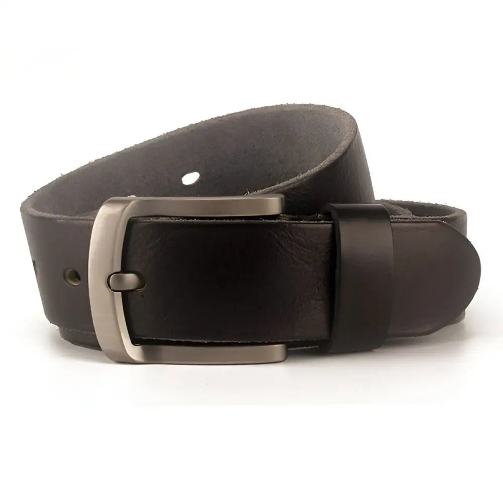 Black full-grain leather belt with metal buckle for durable stylish wear