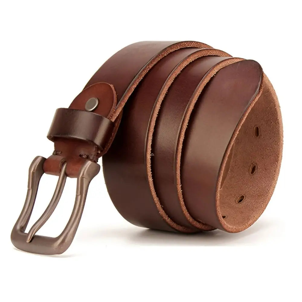 Rolled brown leather belt with metal buckle from Pair of Brown Leather Belts with Metal Buckles