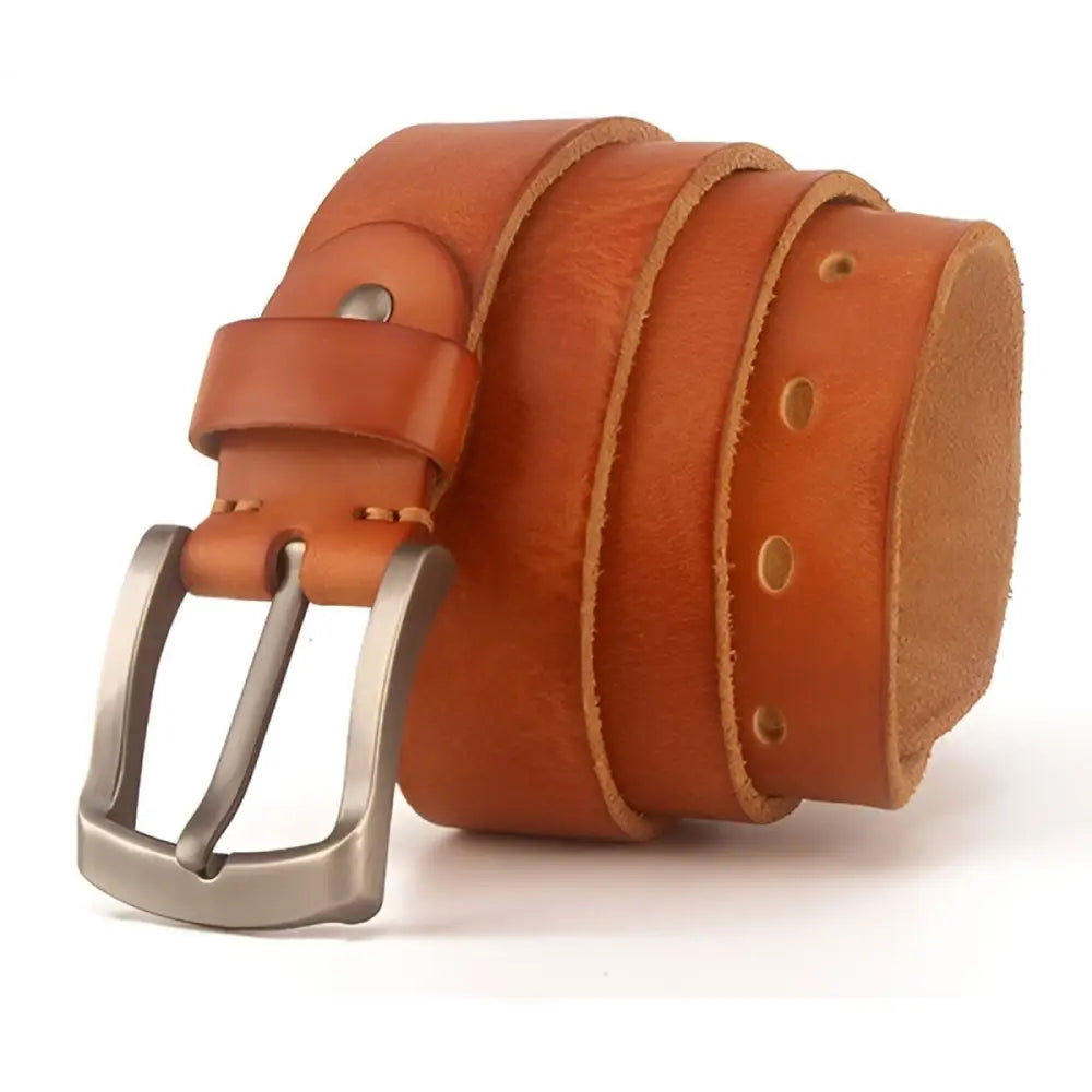 Rolled black full-grain leather belt with metal buckle for men and women