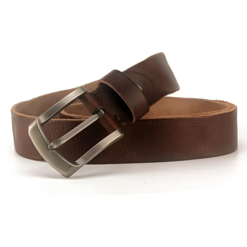 Black full-grain leather belt with metal buckle for men and women