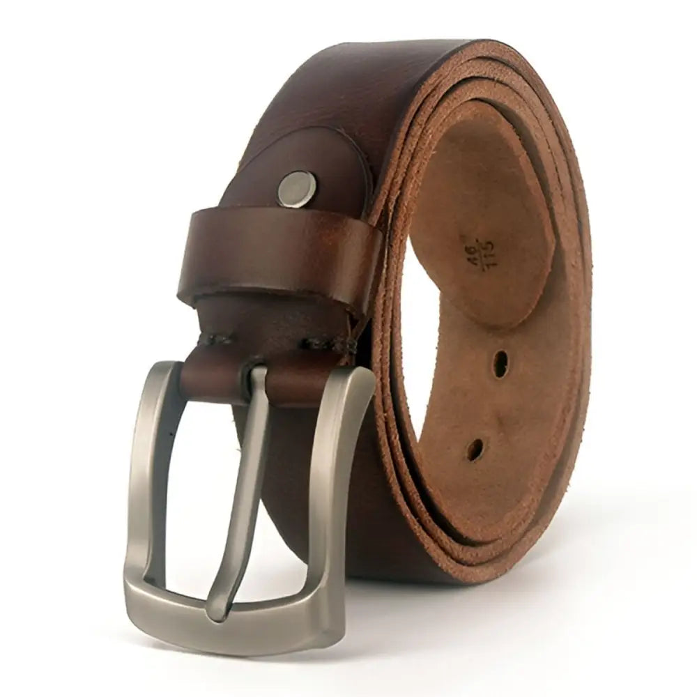 Black full-grain leather belt with silver buckle, premium leather belt accessory