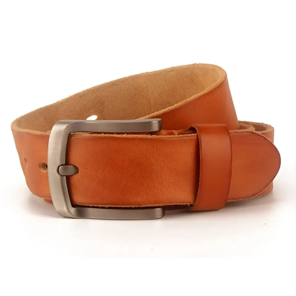 Black full-grain leather belt with metal buckle for formal and casual wear