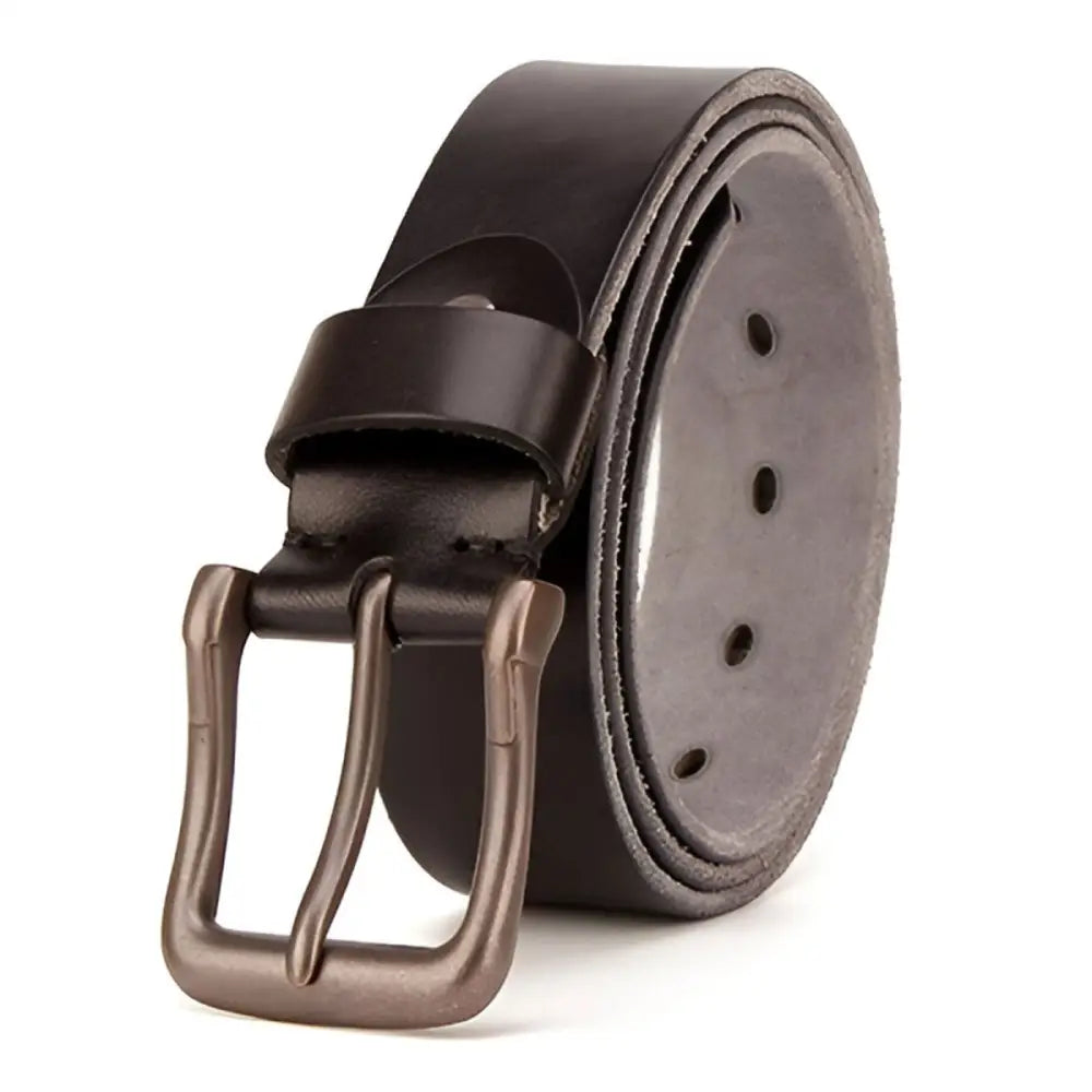 Rolled black leather belt with metal buckle, perfect for pairing with casual or formal wear