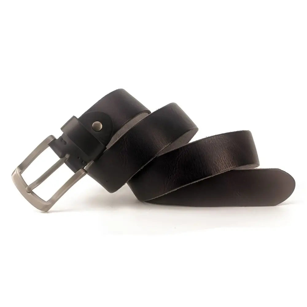 Black full-grain leather belt with silver metal buckle for durable stylish wear