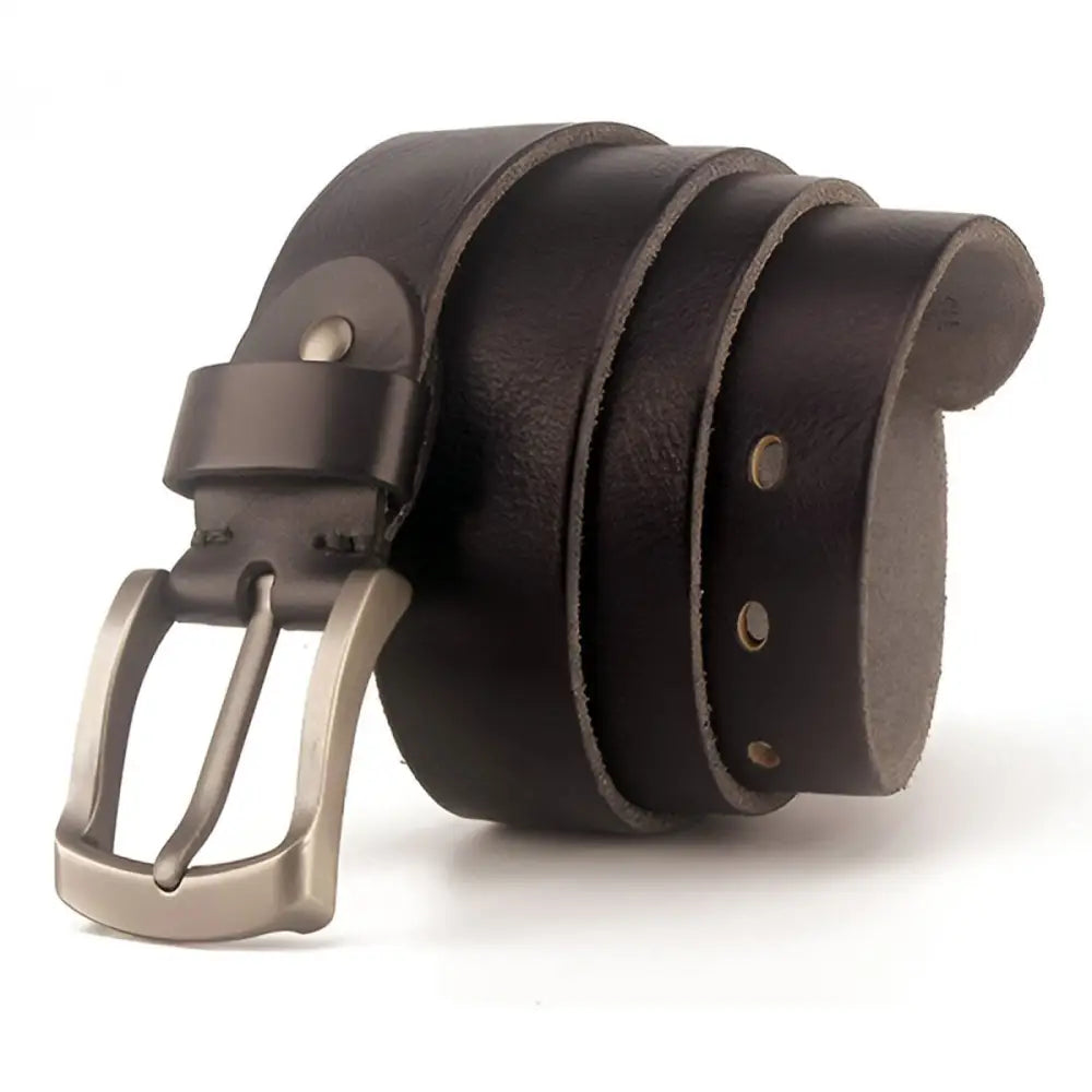 Rolled black full-grain leather belt with metal buckle for men and women