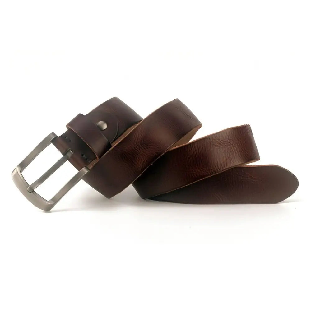 Black full-grain leather belt with metal buckle for men or women