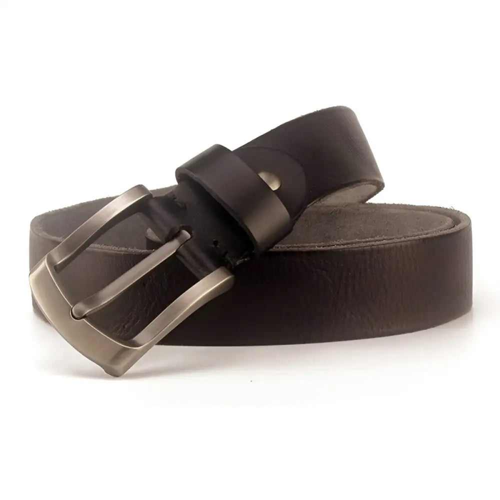 Black full-grain leather belt with metal buckle for durable menswear accessory