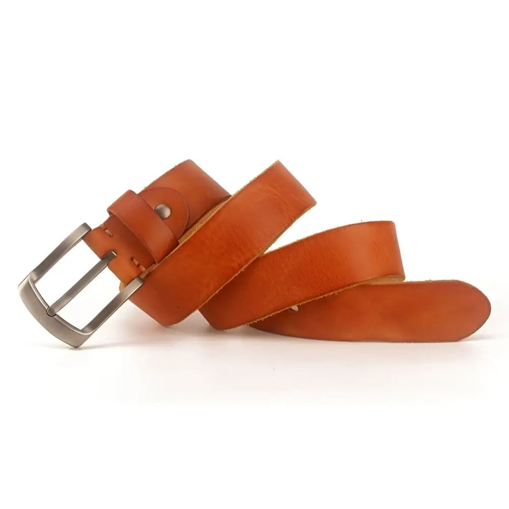 Brown full-grain leather belt with metal buckle for men