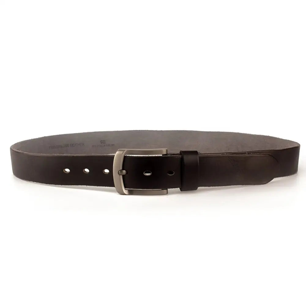Black full-grain leather belt with silver buckle for men