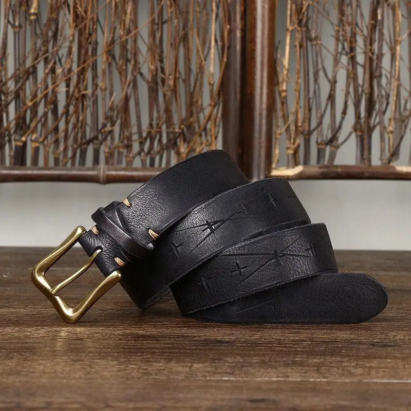 Black leather belt with brass buckle displayed with a Red Leather Belt with Brass Buckle product