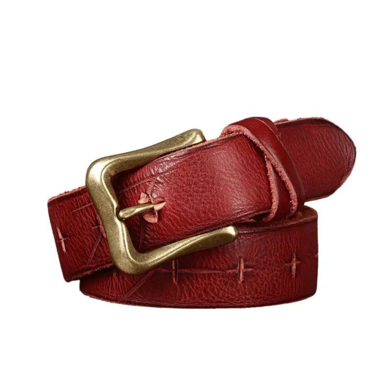 Red leather belt with brass buckle shown in product named Red Leather Belt with Brass Buckle