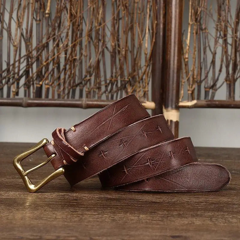 Red leather belt with brass buckle displayed on a product image