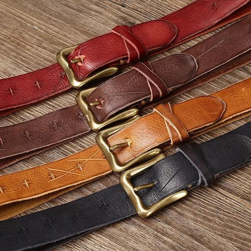 Red Leather Belt with Brass Buckle displayed among assorted leather belts with brass buckles