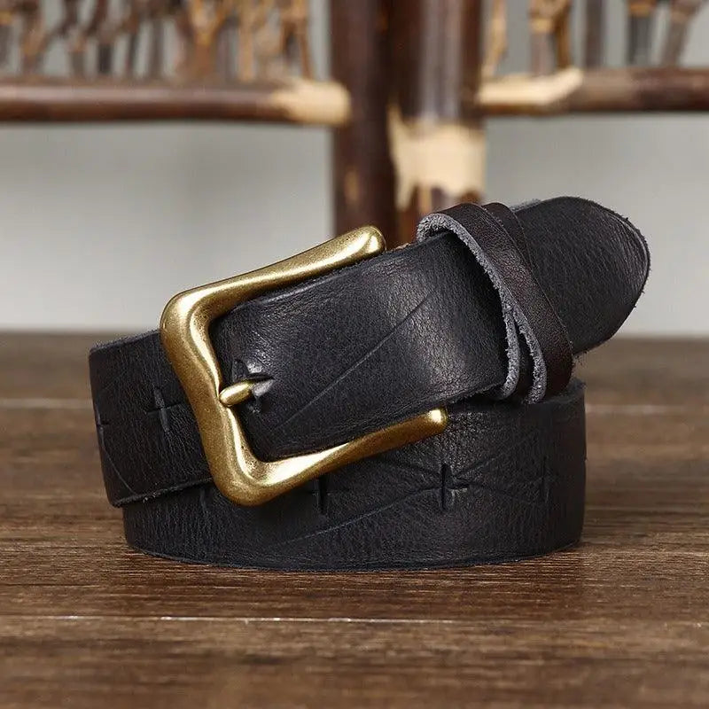 Black leather belt with brass buckle displayed alongside Red Leather Belt with Brass Buckle